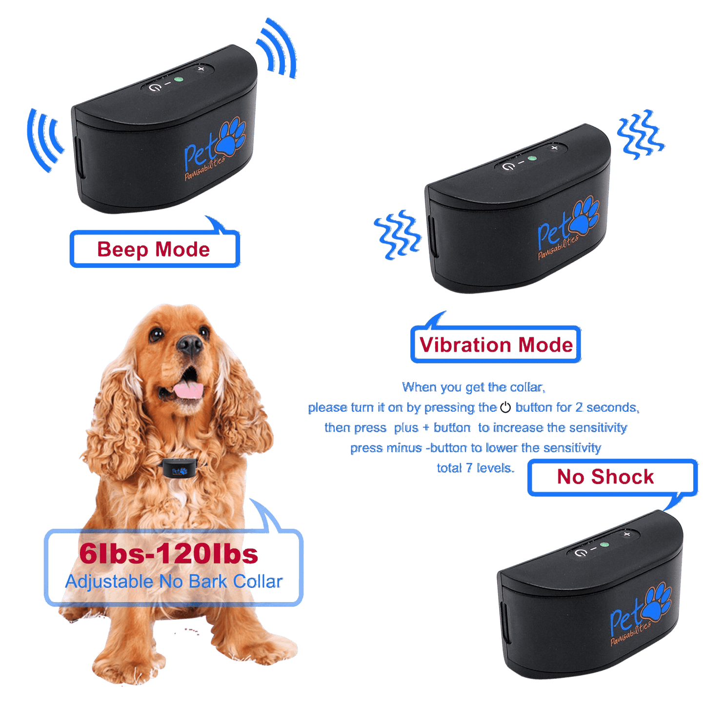 No Shock Humane Rechargeable Water Resistant Bark Control Collar, Sound & Vibration Only, For 6-120lb dogs, Neck size 6in to 27in