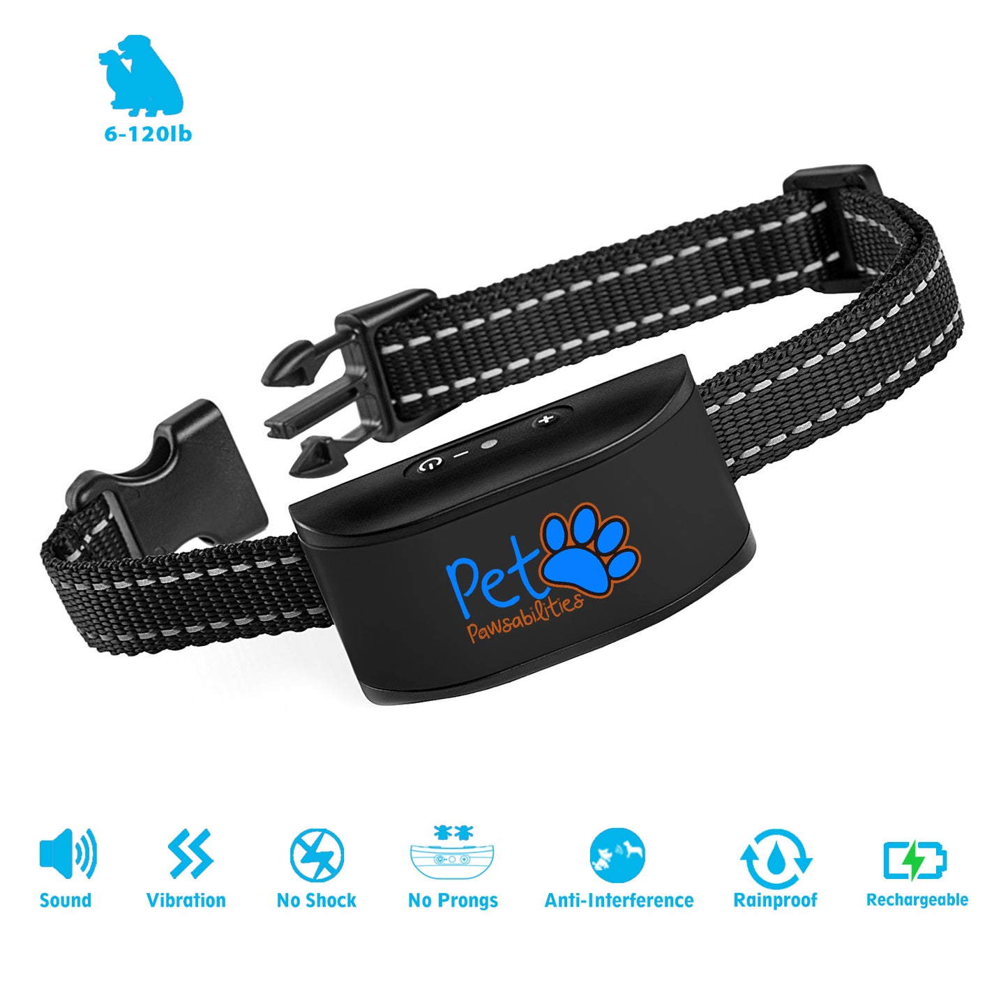 No Shock Humane Rechargeable Water Resistant Bark Control Collar, Sound & Vibration Only, For 6-120lb dogs, Neck size 6in to 27in