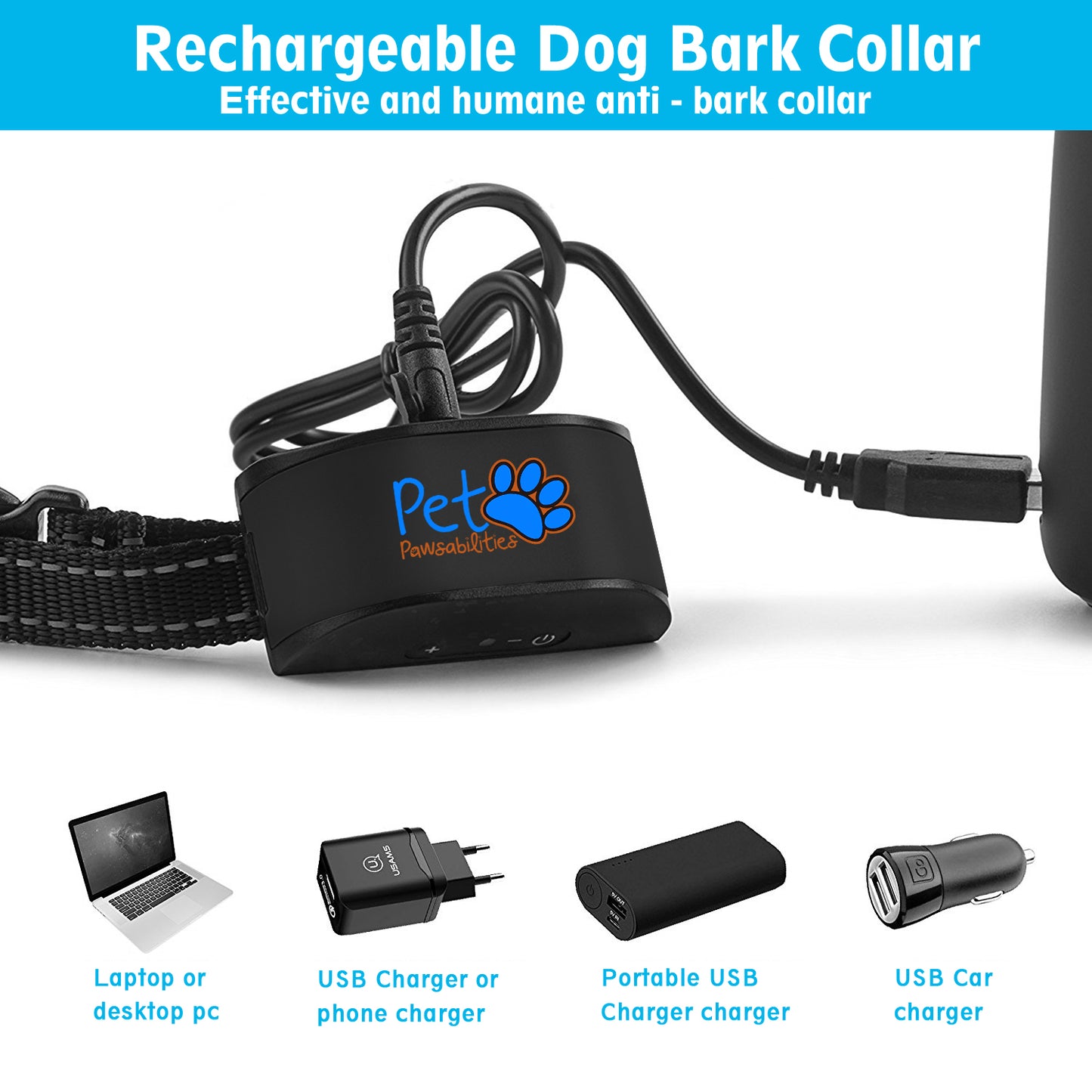 No Shock Humane Rechargeable Water Resistant Bark Control Collar, Sound & Vibration Only, For 6-120lb dogs, Neck size 6in to 27in
