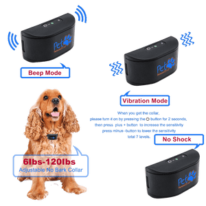 No Shock Humane Rechargeable Water Resistant  Bark Control Collar, Sound & Vibration Only, For 6-120lb dogs, Neck size 6in to 27in